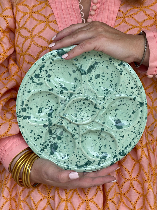 Hand Painted Cast Oyster Plate - Mint Splatter ware