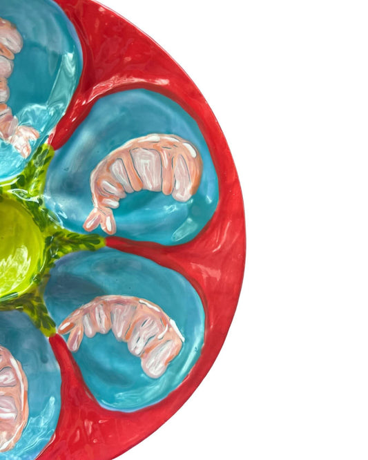Hand Painted Cast Oyster Plate - Red and Blue with Shrimp