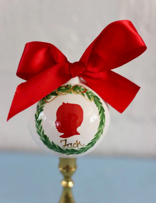 Hand Painted Personalized Ceramic Silhouette Keepsake Ornament With Gold Accents