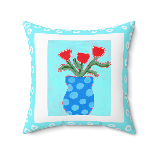 Floral Pillow, Red Flowers in Blue Vase on Turquoise Background, Accent Pillow