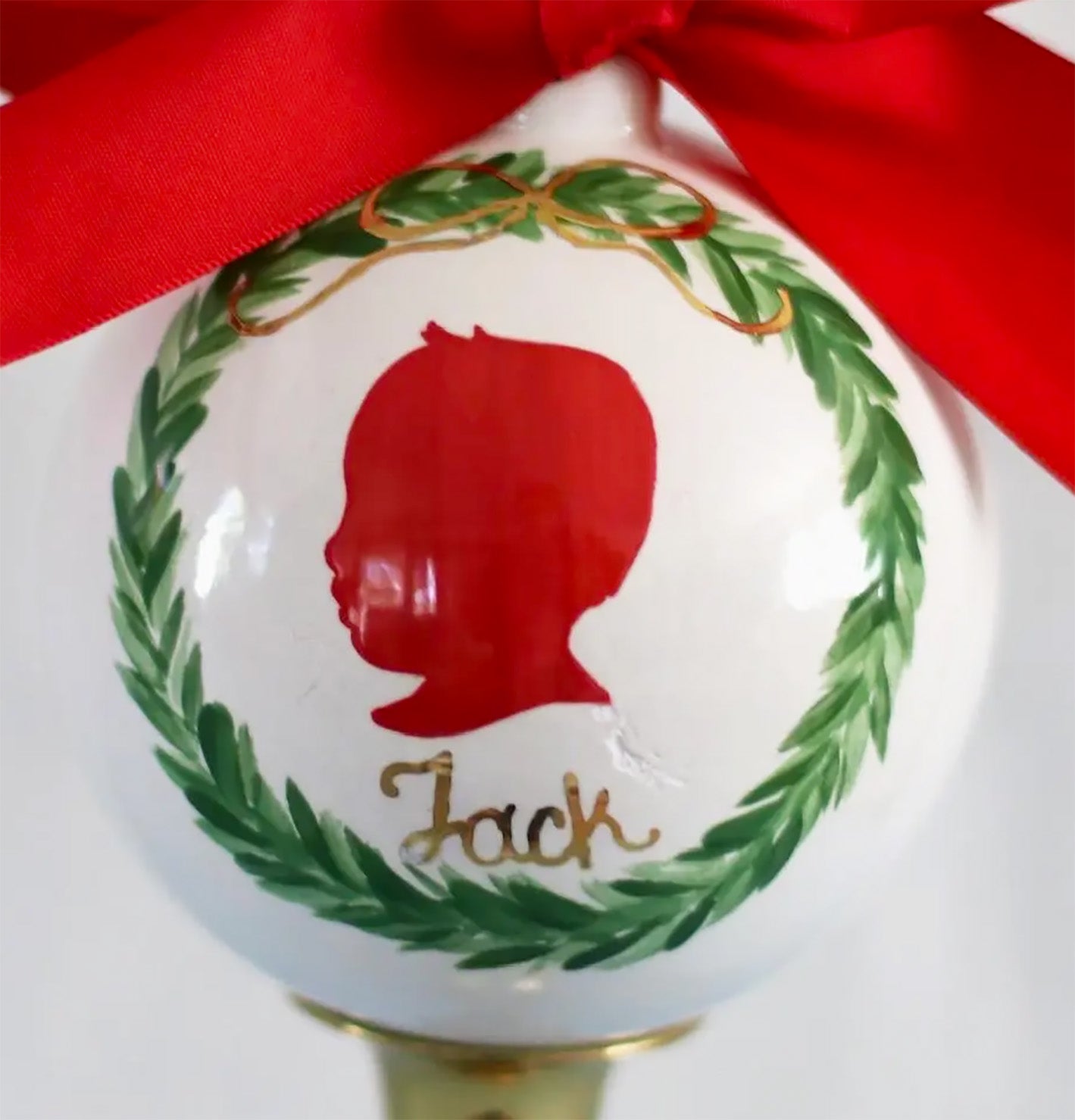 Hand Painted Personalized Ceramic Silhouette Keepsake Ornament With Gold Accents