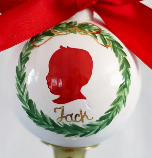 Hand Painted Personalized Ceramic Silhouette Keepsake Ornament With Gold Accents