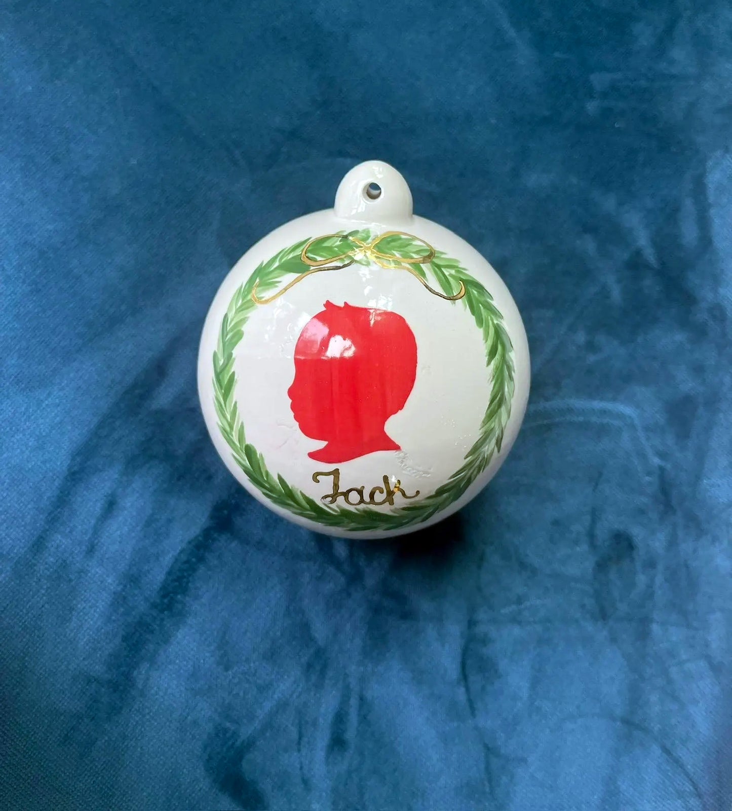 Hand Painted Personalized Ceramic Silhouette Keepsake Ornament With Gold Accents