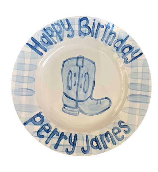 Birthday Plate - Cowboy Boot Gingham Design