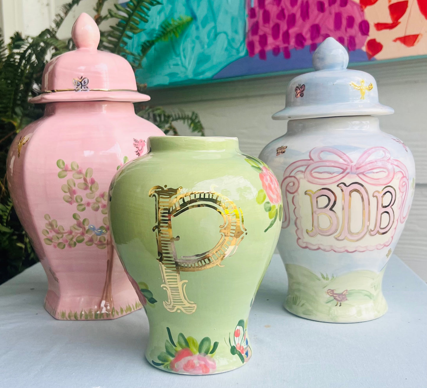 Hand Painted Ginger Jar- Famille Rose Pattern with Monogram