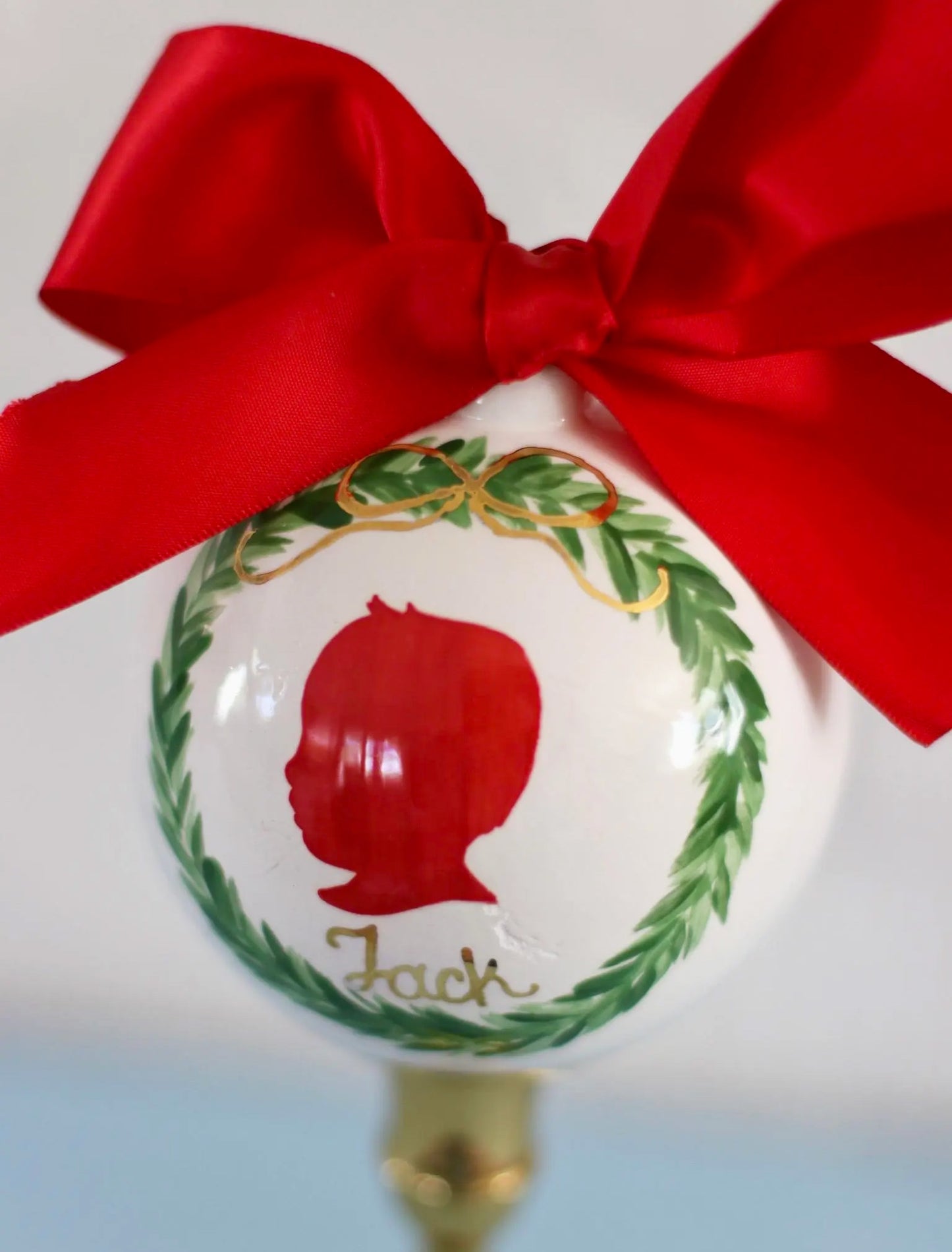 Hand Painted Personalized Ceramic Silhouette Keepsake Ornament With Gold Accents