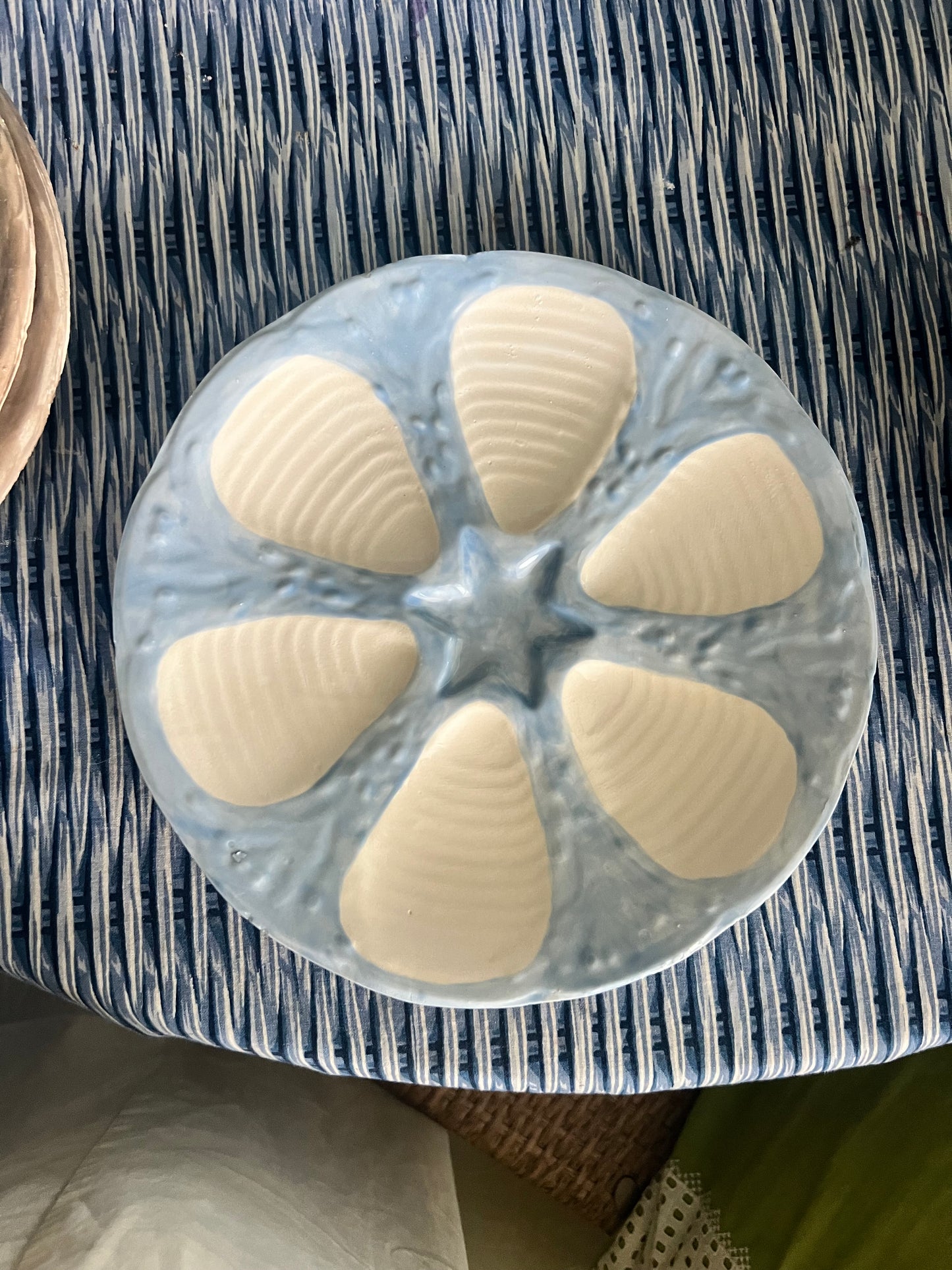 Hand Painted Cast Oyster Plate - Light Blue Star