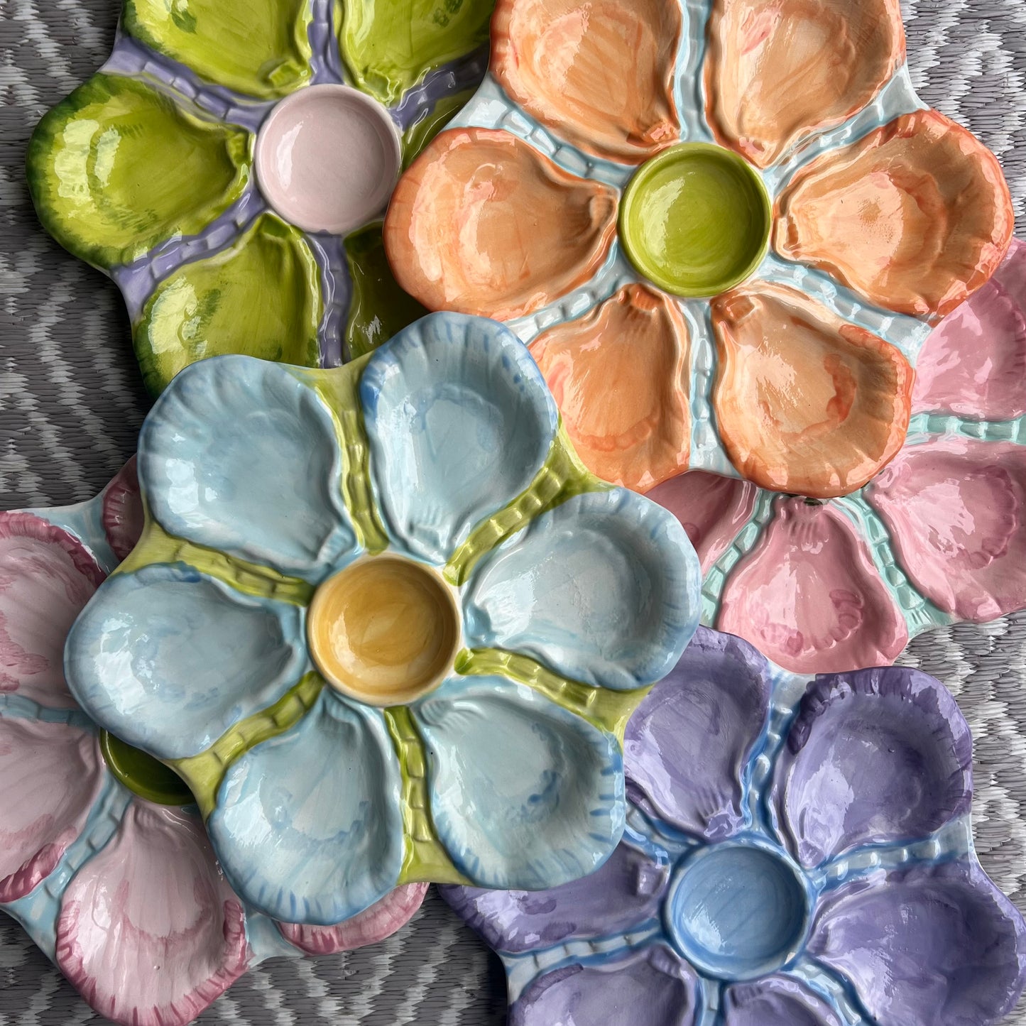 Hand Painted Cast Oyster Plate - Yellow and Blue