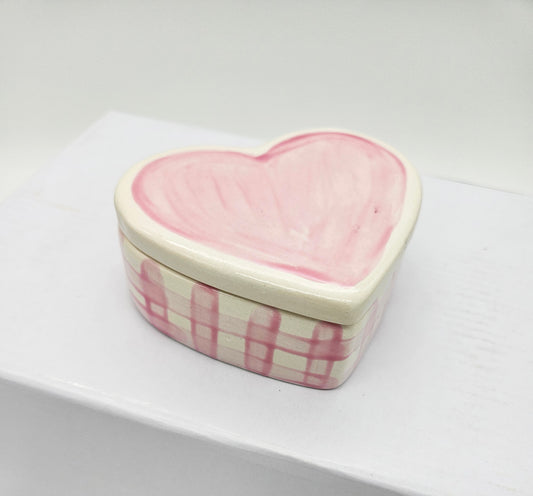 Ceramic Heart Box Pink Gingham - Hand Painted, Personalized Keepsake Jewelry Trinket Box