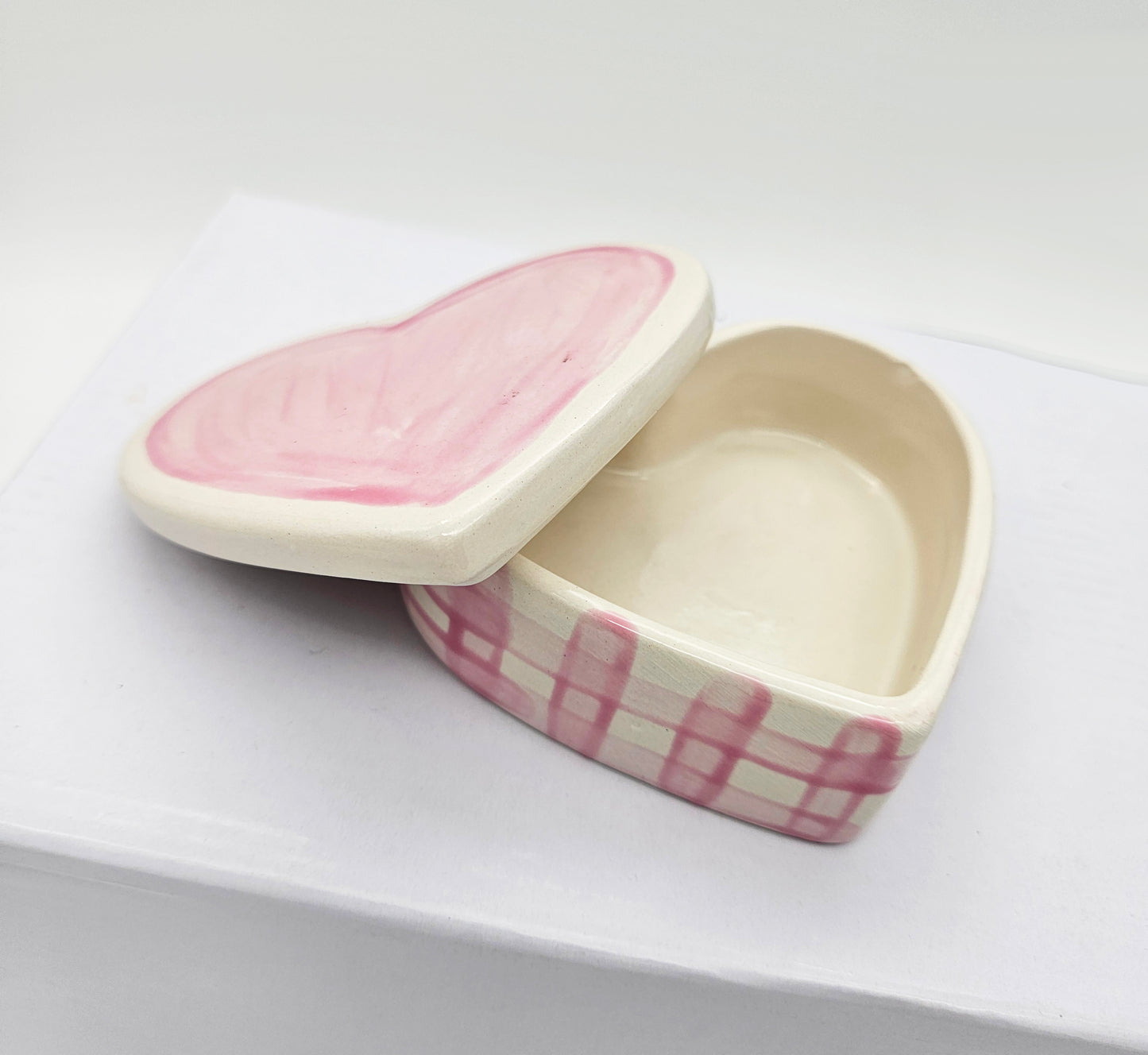 Ceramic Heart Box Pink Gingham - Hand Painted, Personalized Keepsake Jewelry Trinket Box