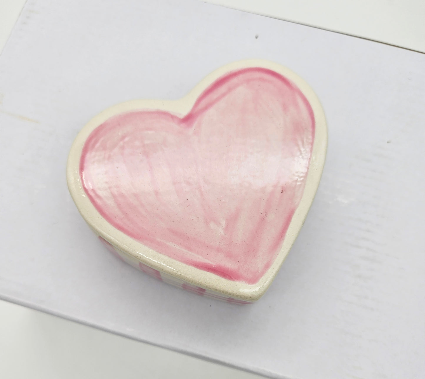 Ceramic Heart Box Pink Gingham - Hand Painted, Personalized Keepsake Jewelry Trinket Box