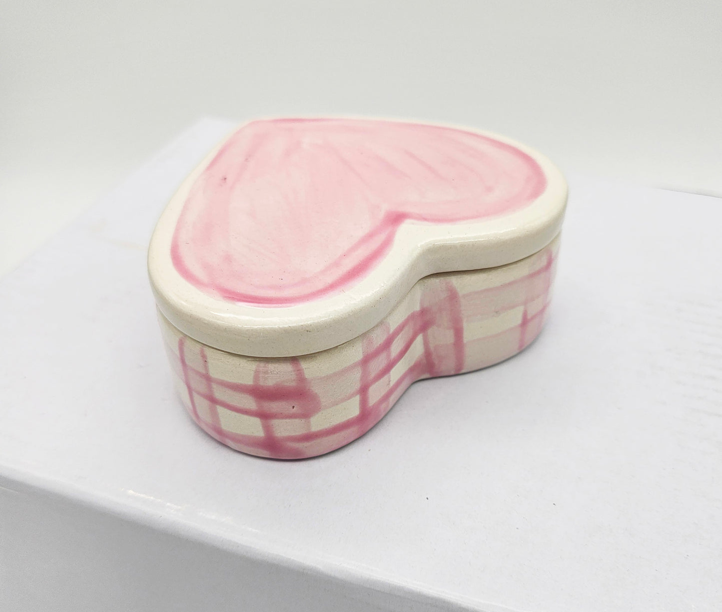 Ceramic Heart Box Pink Gingham - Hand Painted, Personalized Keepsake Jewelry Trinket Box