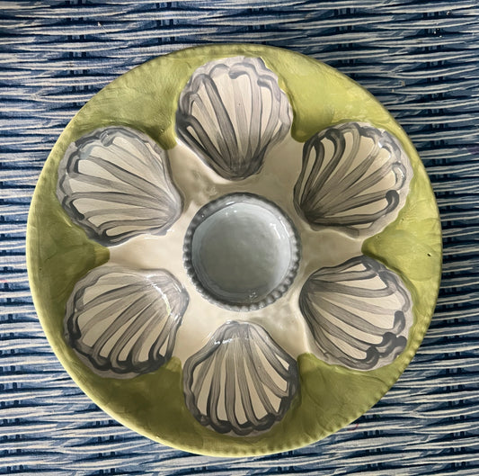 Hand Painted Cast Oyster Plate - Green and Gray