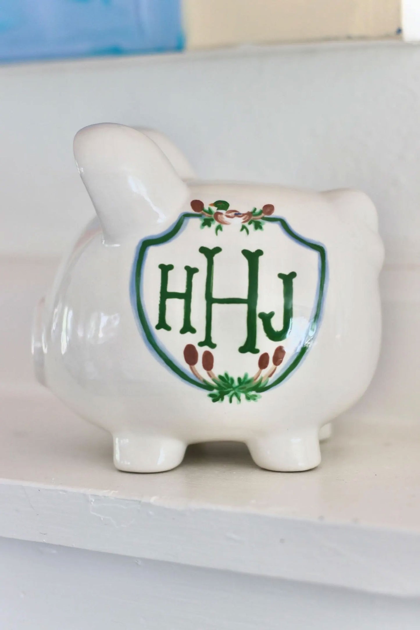 Classic Ceramic Piggy Bank - Monogram Crest with Woodland Mallard