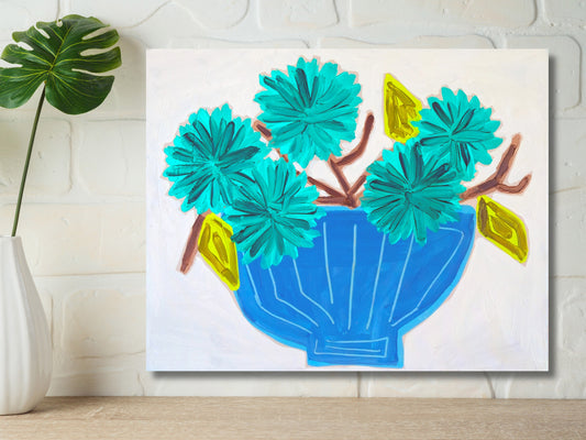 Canvas Print, Bright Mums in a Blue Bowl, Floral Art