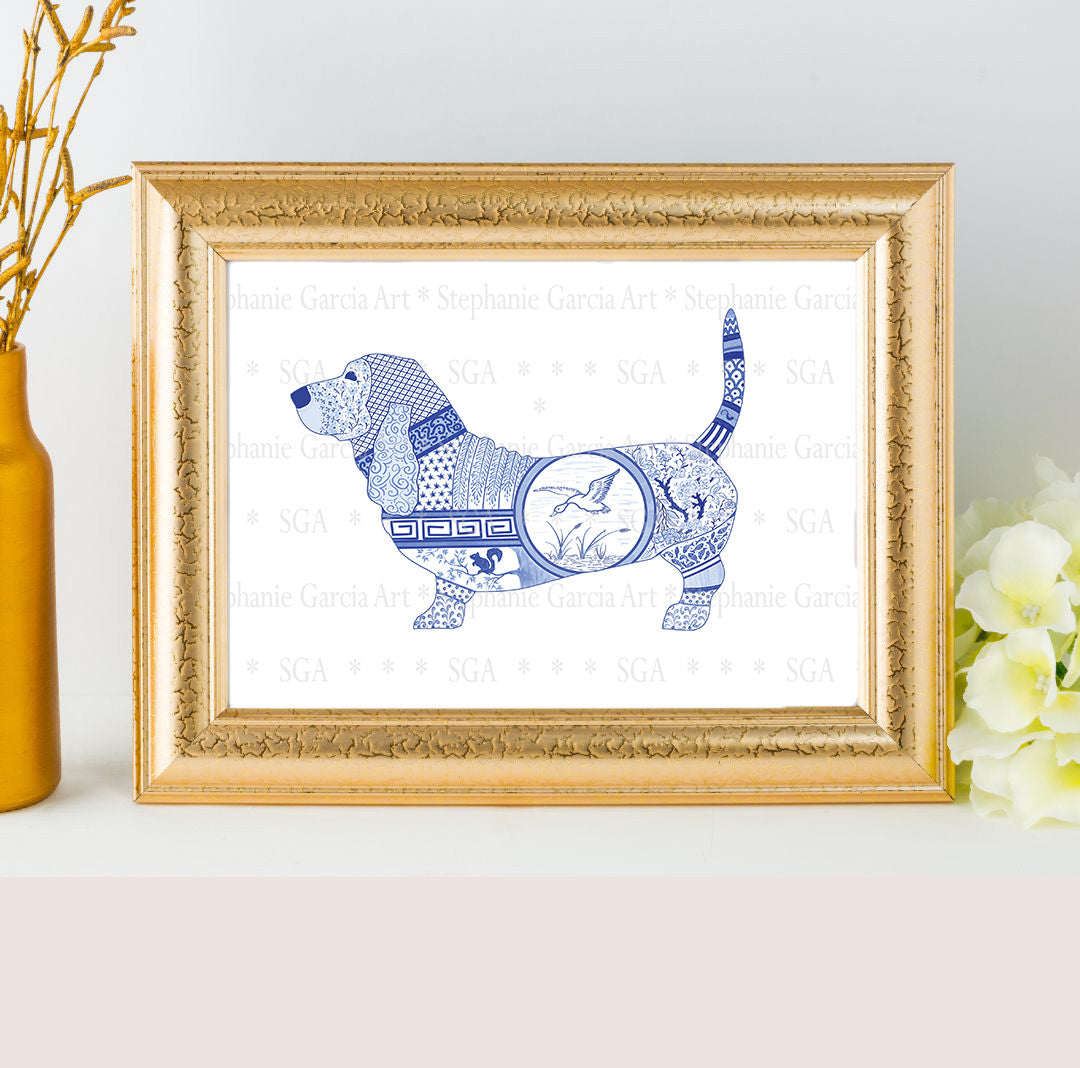 Blue Basset Hound - Chinoiserie Style Watercolor - Art Print by L. Leonard