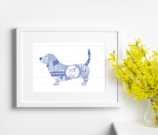 Blue Basset Hound - Chinoiserie Style Watercolor - Art Print by L. Leonard