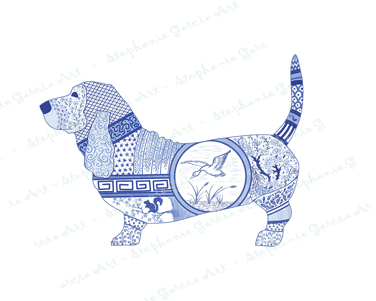 Blue Basset Hound - Chinoiserie Style Watercolor - Art Print by L. Leonard