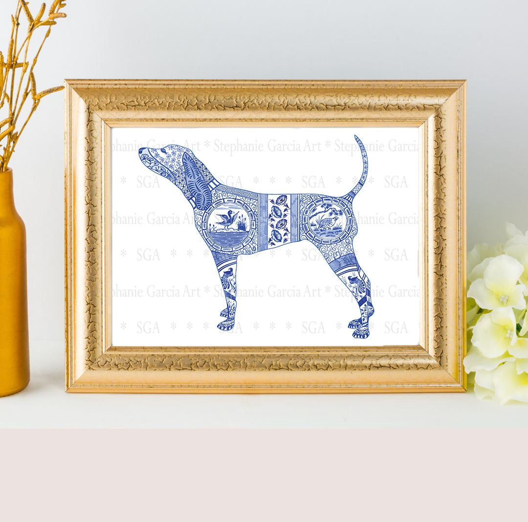 Blue Coonhound - Chinoiserie Style Watercolor - Print by L. Leonard