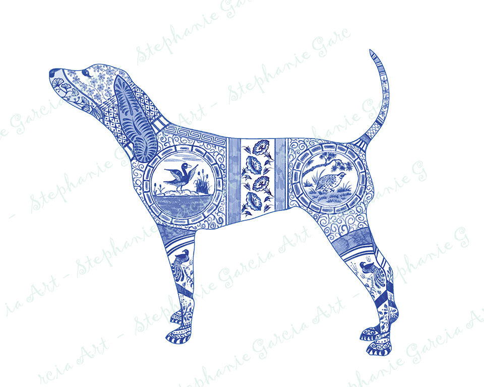 Blue Coonhound - Chinoiserie Style Watercolor - Print by L. Leonard