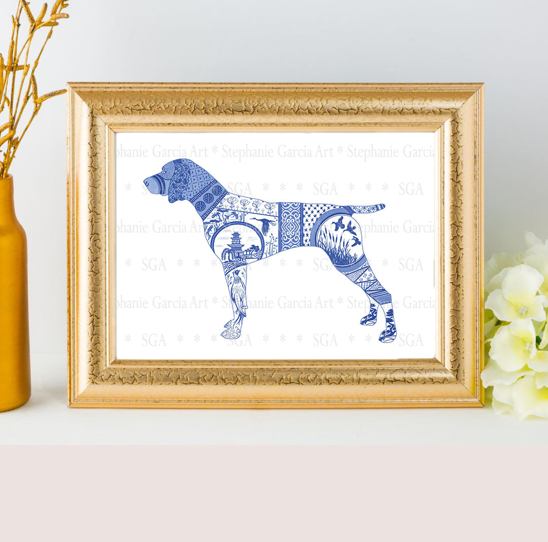 Blue German Shorthair Dog- Chinoiserie Style Watercolor - Art Print by L. Leonard