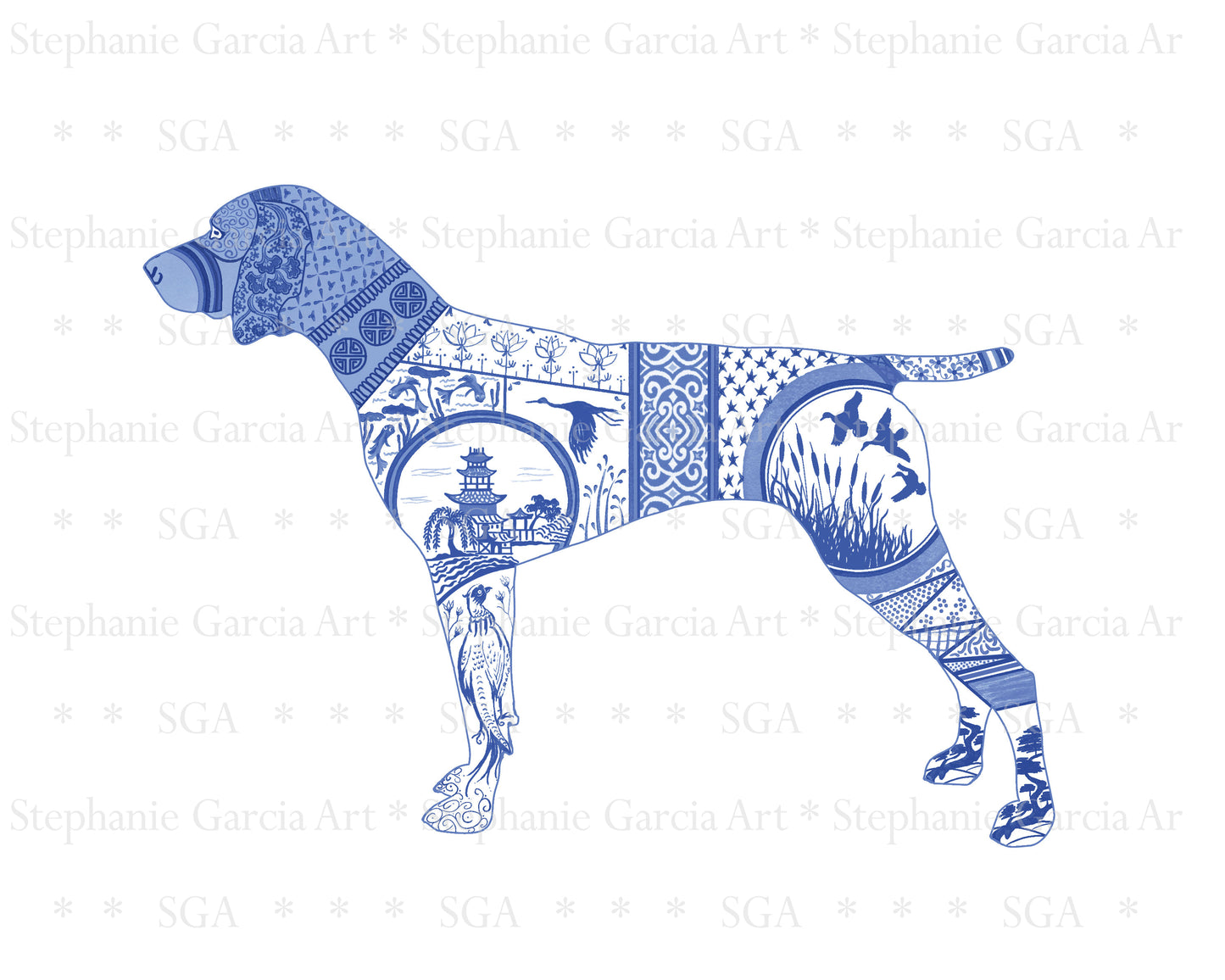 Blue German Shorthair Dog- Chinoiserie Style Watercolor - Art Print by L. Leonard