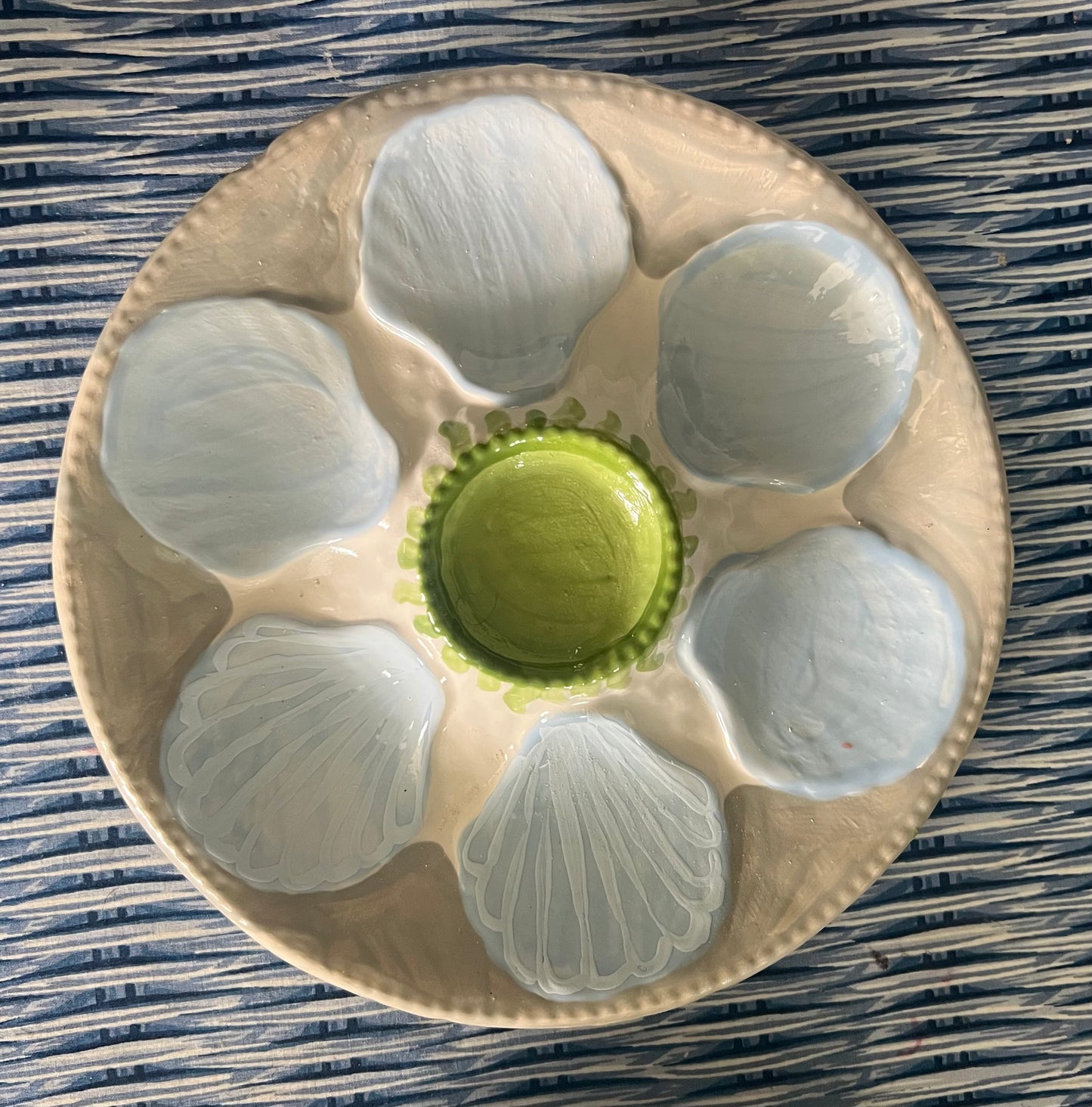 Hand Painted Cast Oyster Plate - Blue and Taupe