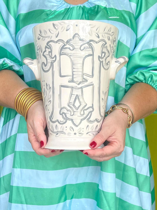 Ceramic Champagne Chiller - Single Color Double Monogram with Floral Border