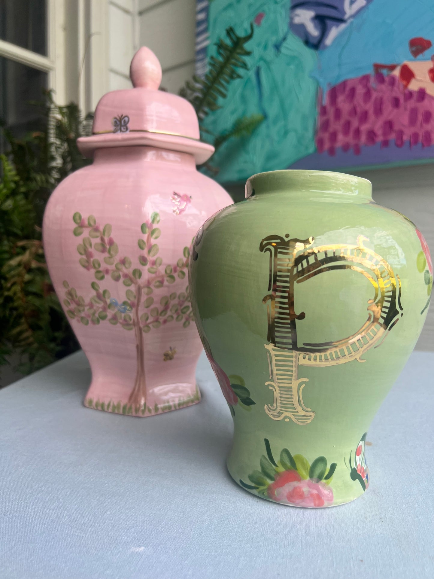 Hand Painted Ginger Jar- Famille Rose Pattern with Monogram
