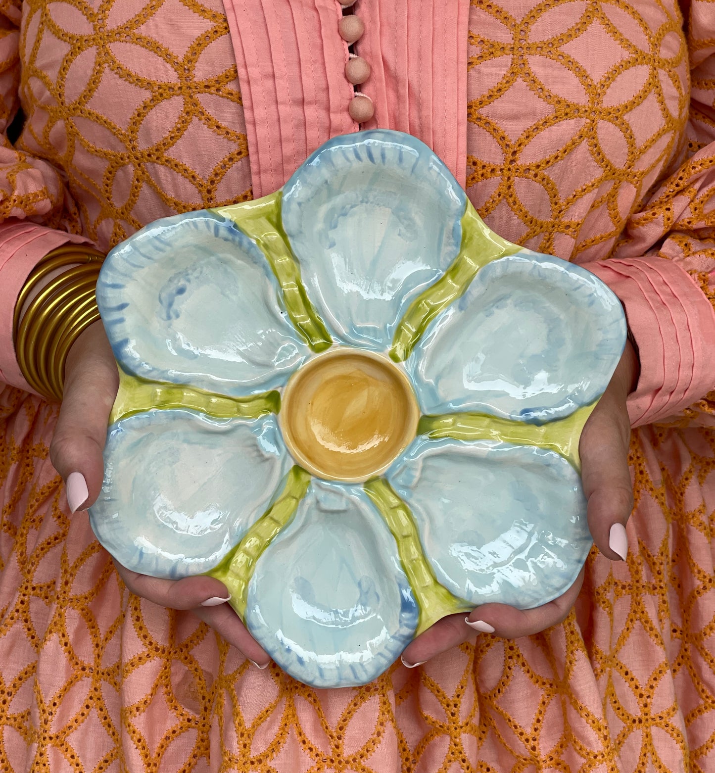 Hand Painted Cast Oyster Plate - Yellow and Blue