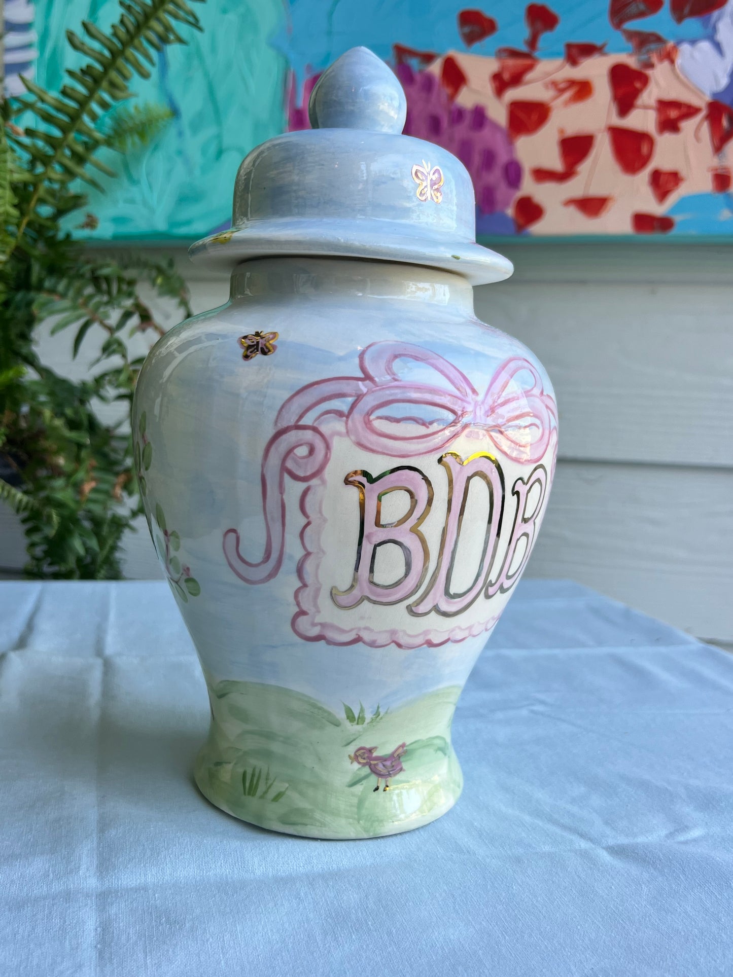 Hand Painted Ginger Jar- Watercolor Bird Scene Pattern with Handprint