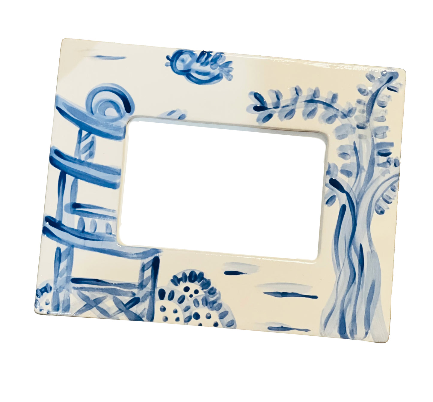 Ceramic Picture Frame - Blue Chinoiserie Style, Rectangular, Hand Painted