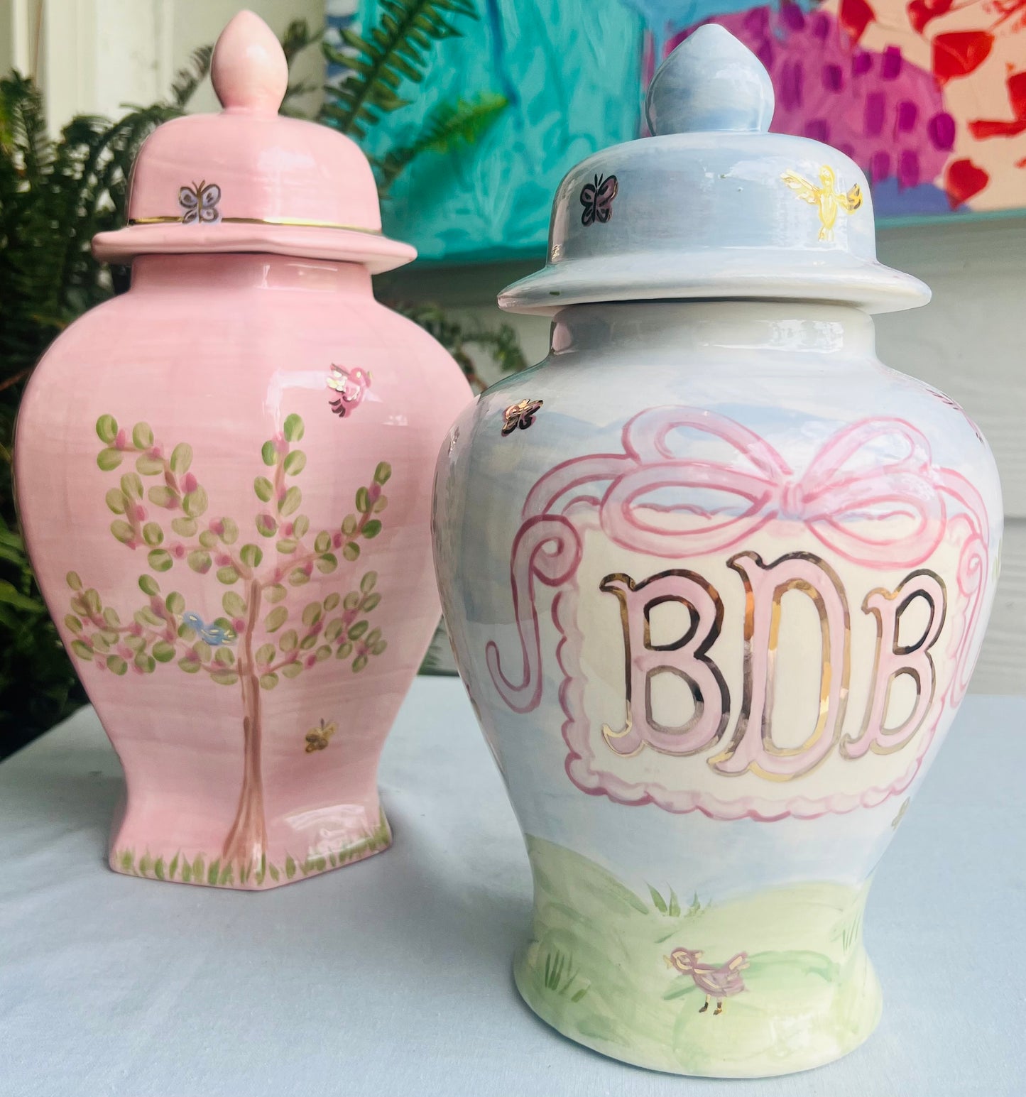 Hand Painted Ginger Jar- Cherry Blossom Pattern with Silhouette