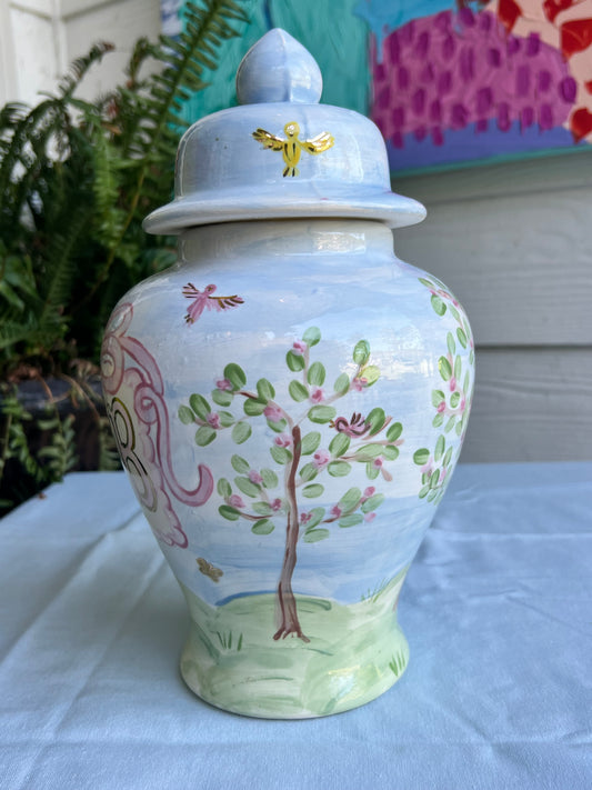 Hand Painted Ginger Jar- Watercolor Bird Scene Pattern with Monogram