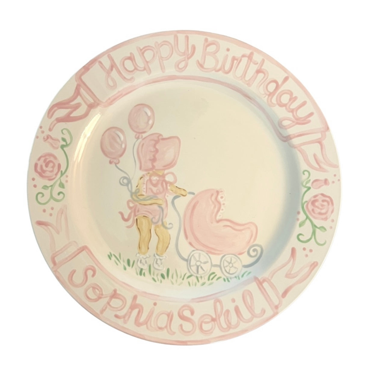 Birthday Plate - Bonnets and Bows Baby Doll Carriage Design