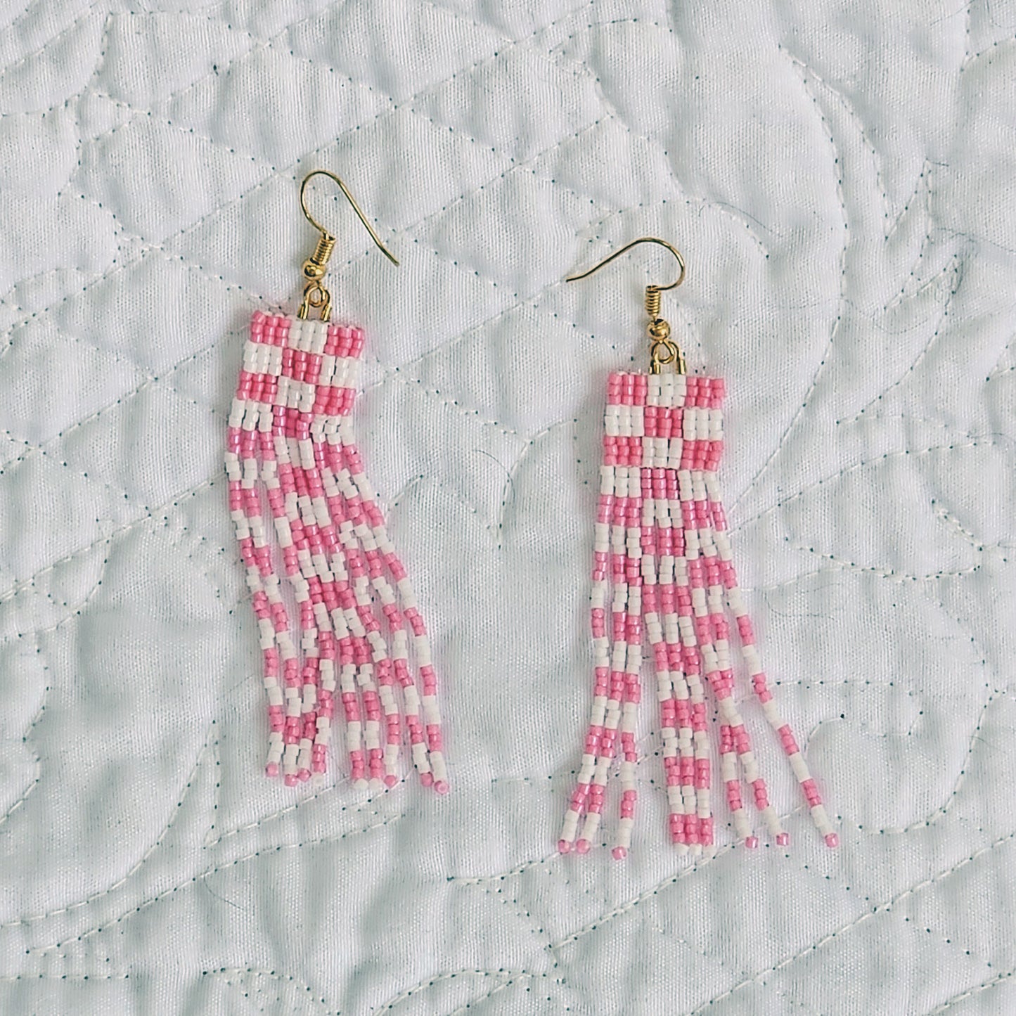 Pink Checkerboard Beaded Fringe Earrings by Georgia Lee