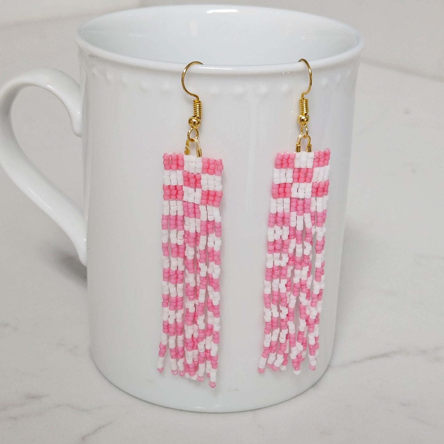 Pink Checkerboard Beaded Fringe Earrings by Georgia Lee