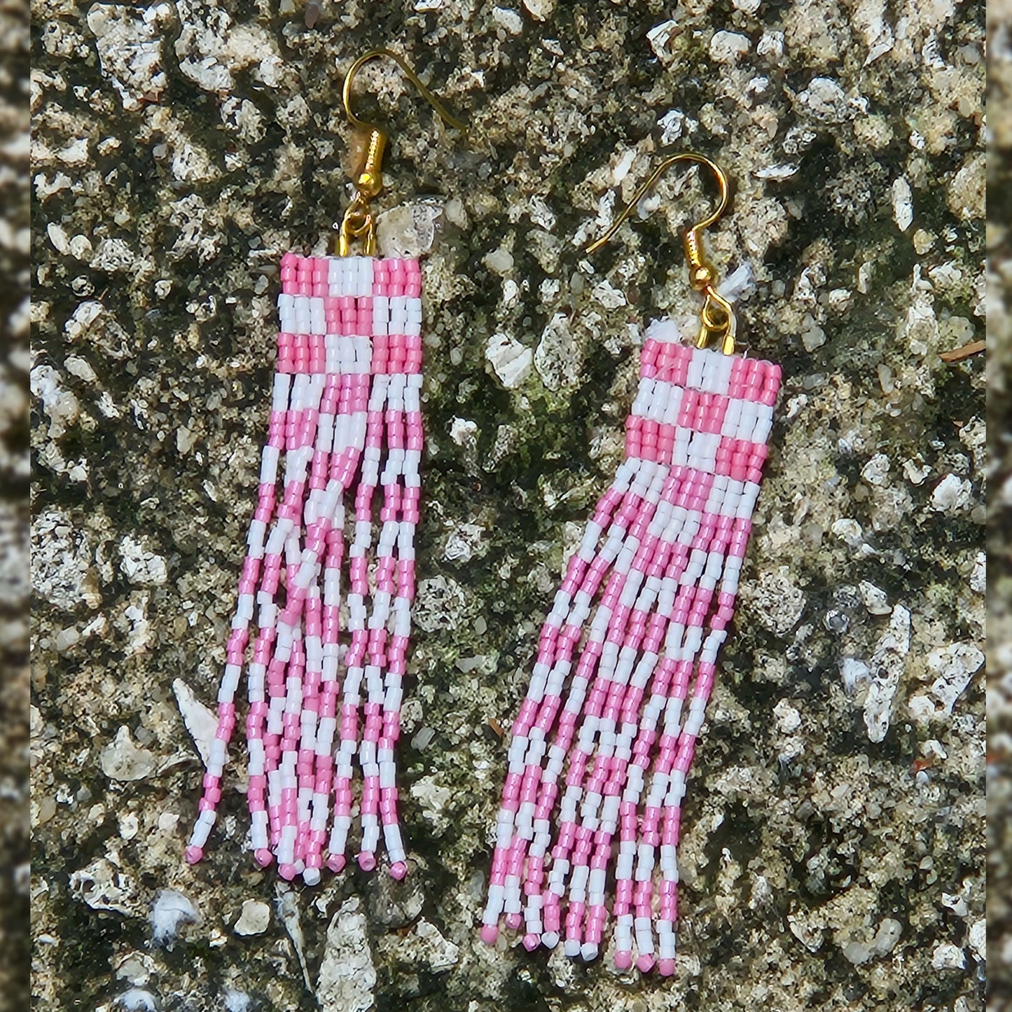 Pink Checkerboard Beaded Fringe Earrings by Georgia Lee