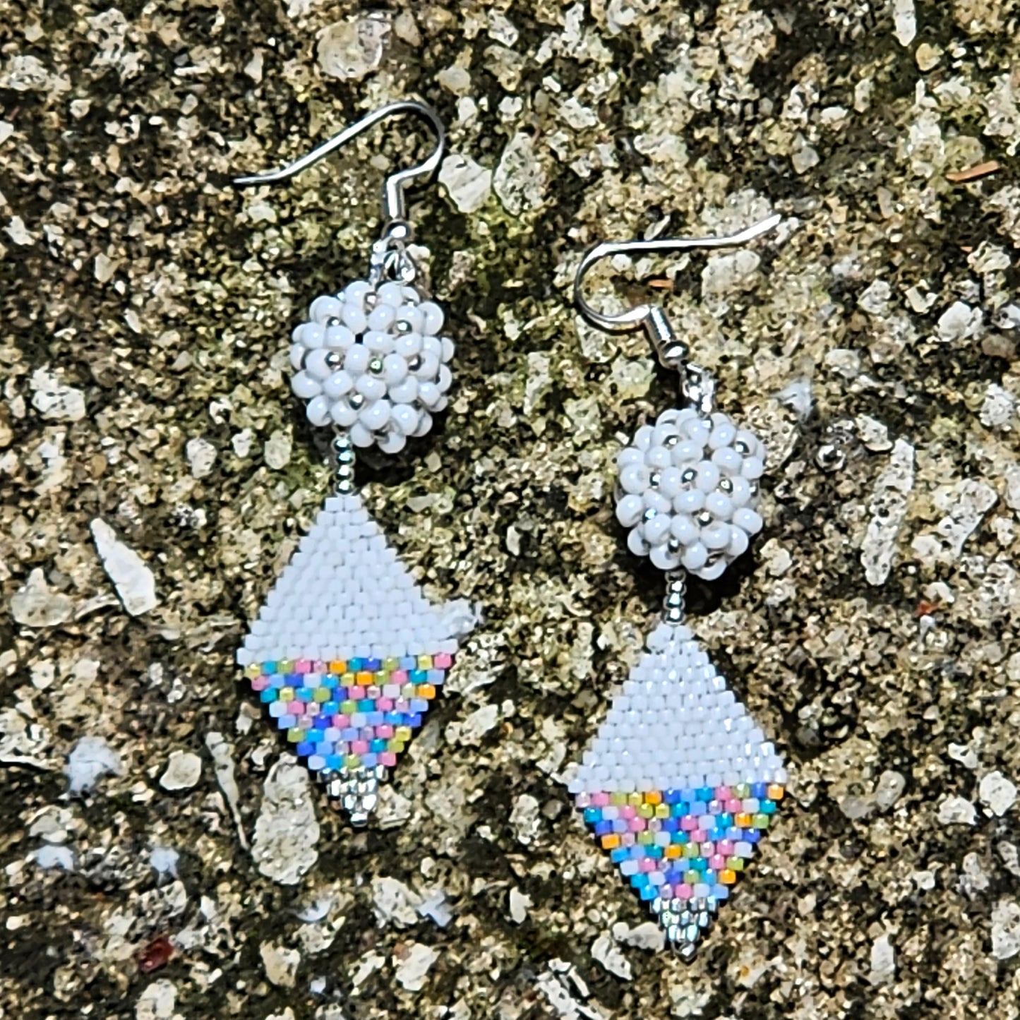 White Roses and Pastel Diamond Beaded Earrings by Georgia Lee