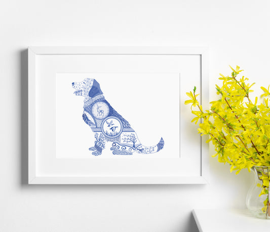 Blue Retriever - Chinoiserie Style Watercolor - Art Print by L. Leonard