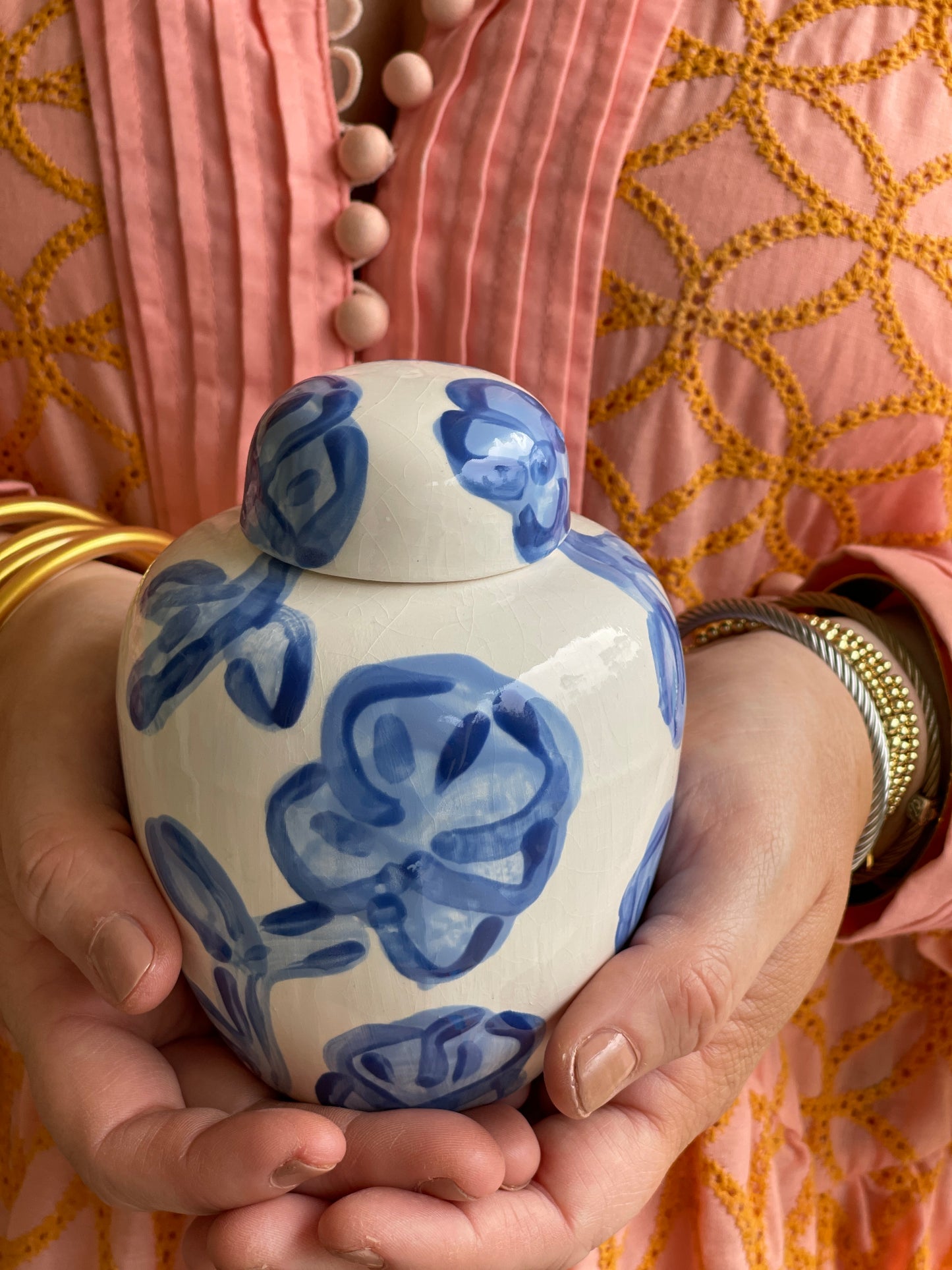 Mini Flat Top Ginger Jar - Blue Floral