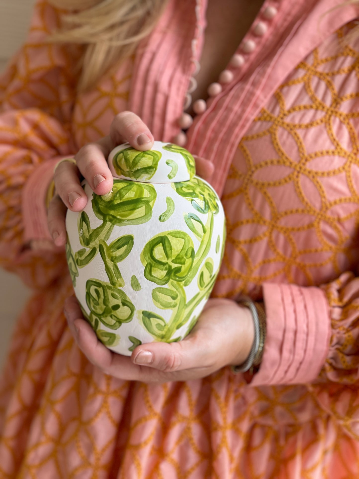 Small Flat Top Ginger Jar - Chartreuse Floral