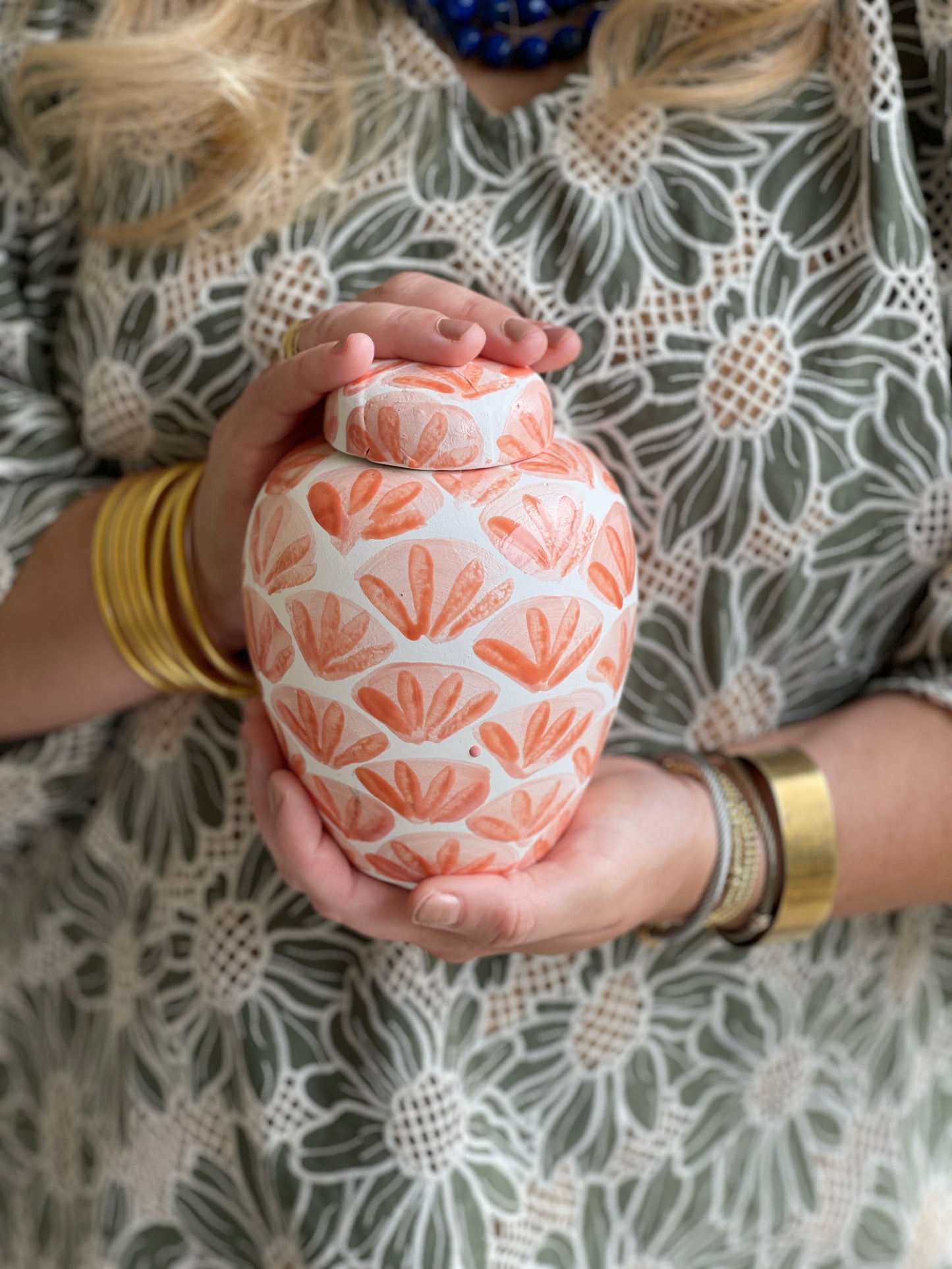 Medium Flat Top Ginger Jar - Coral Fan