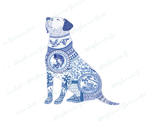 Blue Labrador - Chinoiserie Style Watercolor - Art Print by L. Leonard
