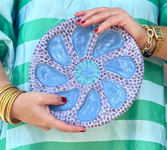 Hand Built Oyster Plate 9" in Lavender Blue and Mint Brush Stroke
