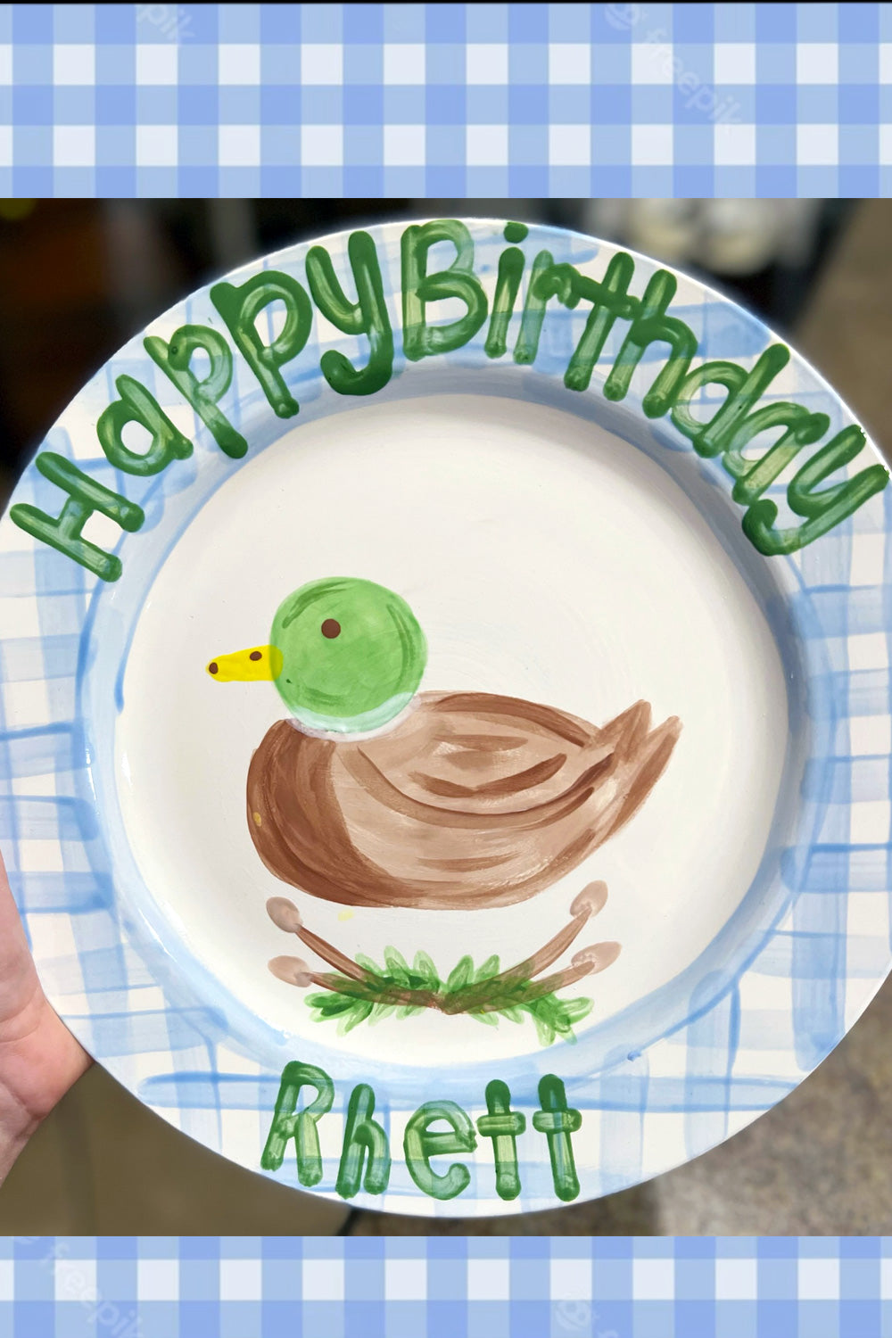 Birthday Plate Gingham Mallard