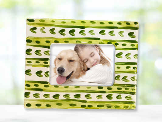 Ceramic Picture Frame - Green Striped and Floral, Rectangular, Hand Painted