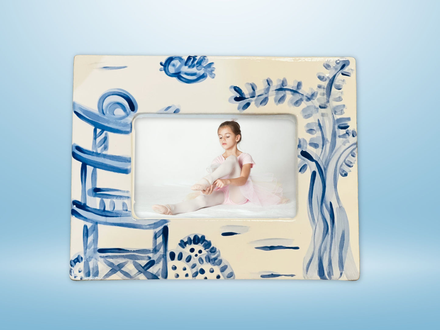 Ceramic Picture Frame - Blue Chinoiserie Style, Rectangular, Hand Painted