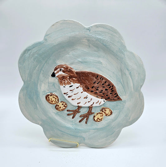 Quail and Eggs Plate Scalloped - Artisan Pottery