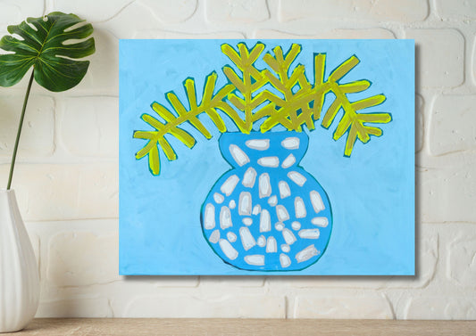 Canvas Print, Yellow Fern in a Blue Bowl, Floral Art
